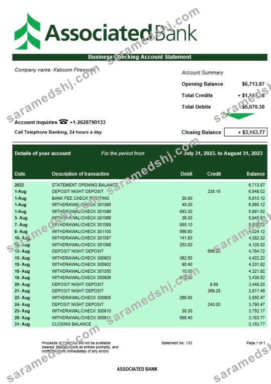 Associated Bank business statement Word and PDF template